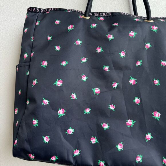 Victoria’s Secret Reversible Pink Black Stripe Floral Large Weekender Carry Tote - Picture 6 of 11